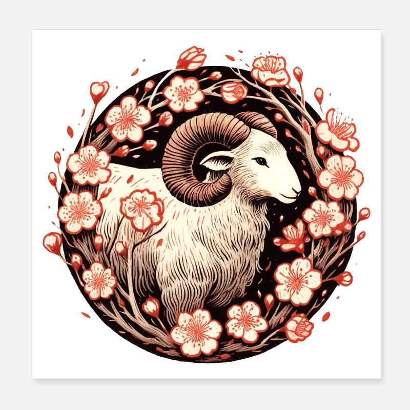 Crimson Ram Amid Blossoms Poster 8" x 8" (20x20 cm)