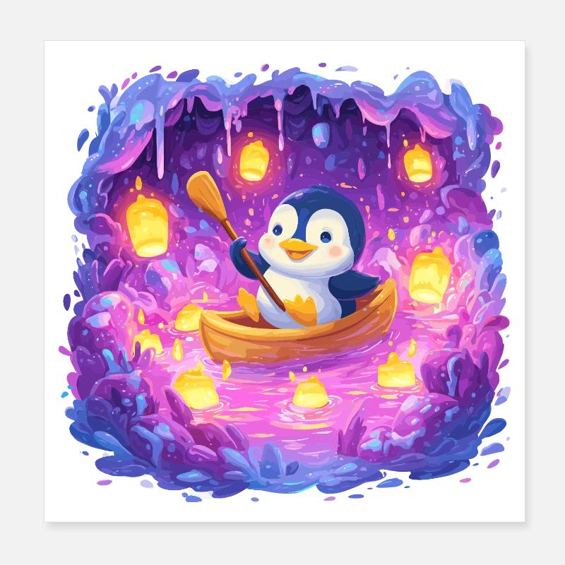 Leuchtender Pinguin im Höhlenboot Poster 20x20 cm