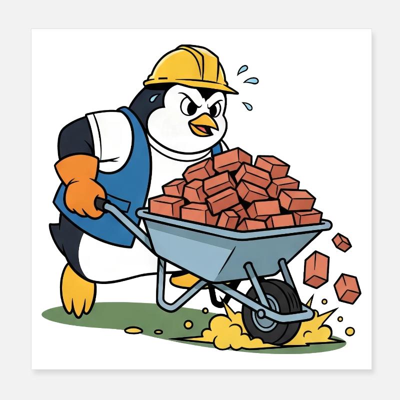Cute penguin craftsman construction worker construction site Poster 8" x 8" (20x20 cm)