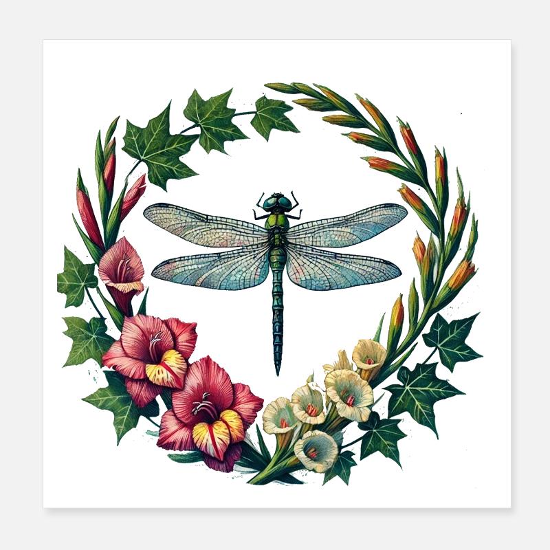 Libellen-Blumenkranzrahmen - Poster 20x20 cm - Weiß