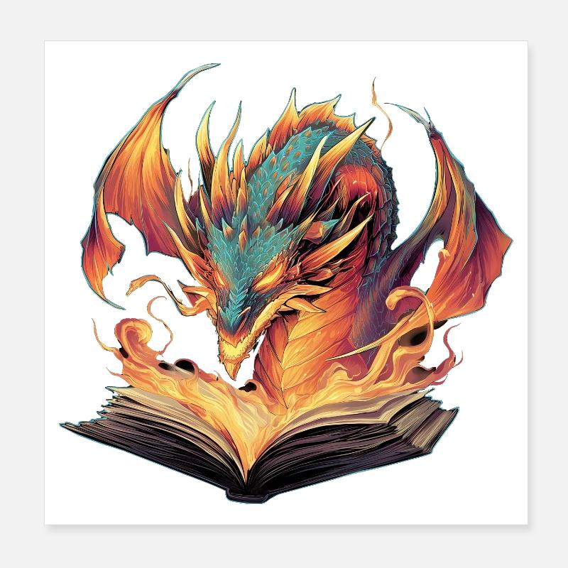 Dragon Book Transformation Fire Design Poster 20 x 20 cm