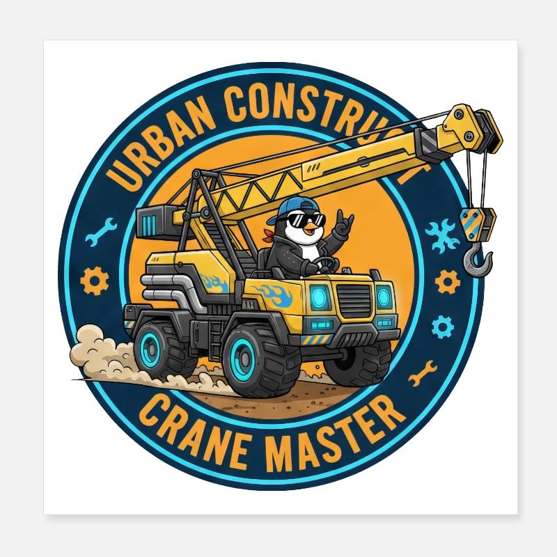 Cool Penguin Crane Operator Construction Worker Cartoon Poster 8" x 8" (20x20 cm)