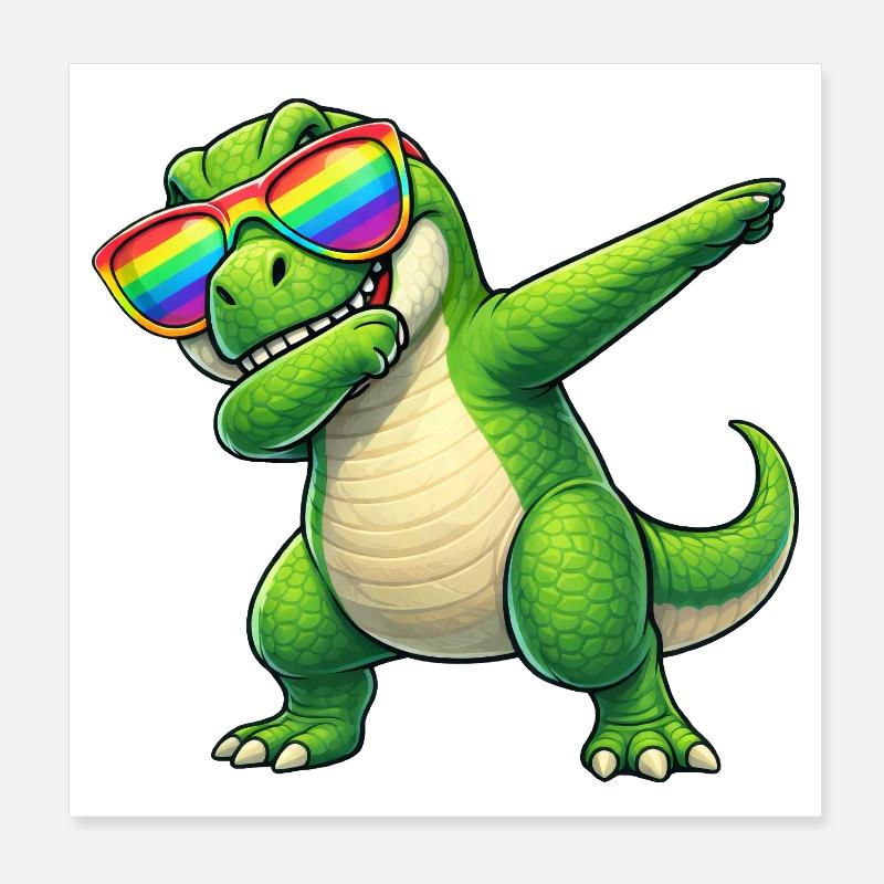 Cute T-Rex Dinosaur Cartoon Dab Rainbow Son Poster 8" x 8" (20x20 cm)