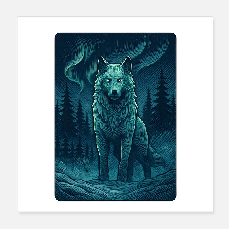 Loup du Nord dans la forêt nocturne Poster 20 x 20 cm