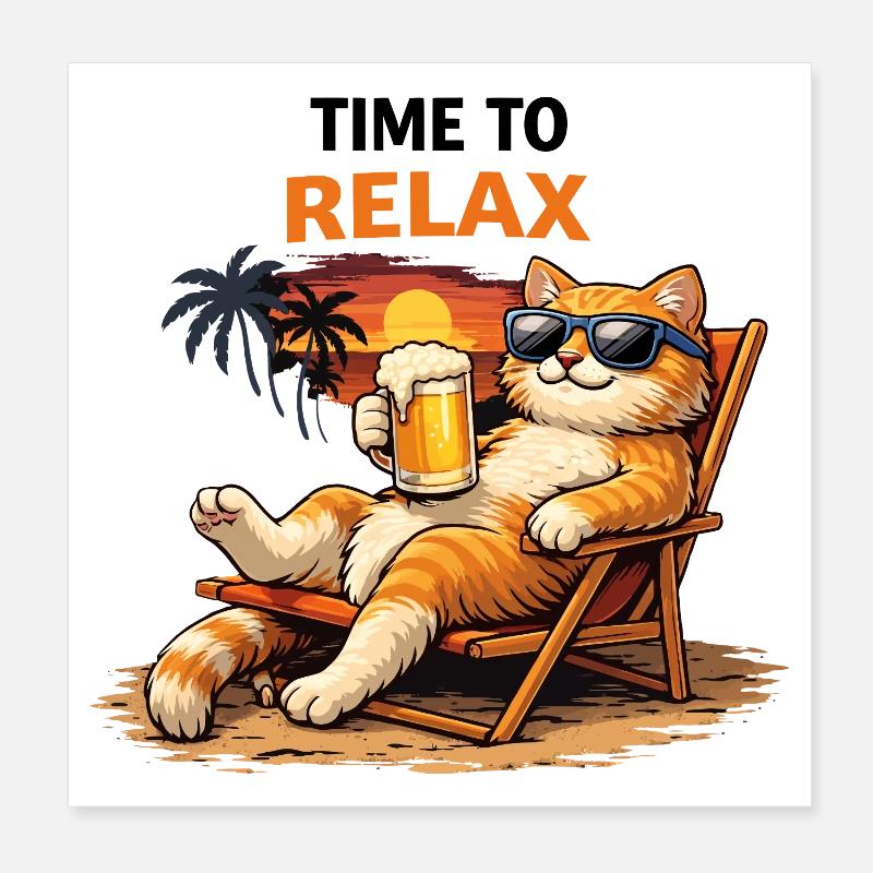 Chat relaxant au coucher de soleil avec de la bière Poster 20 x 20 cm