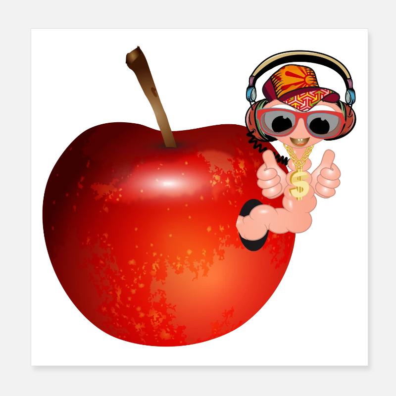 small earthworm as hip hopper in a red apple Poster 8" x 8" (20x20 cm)