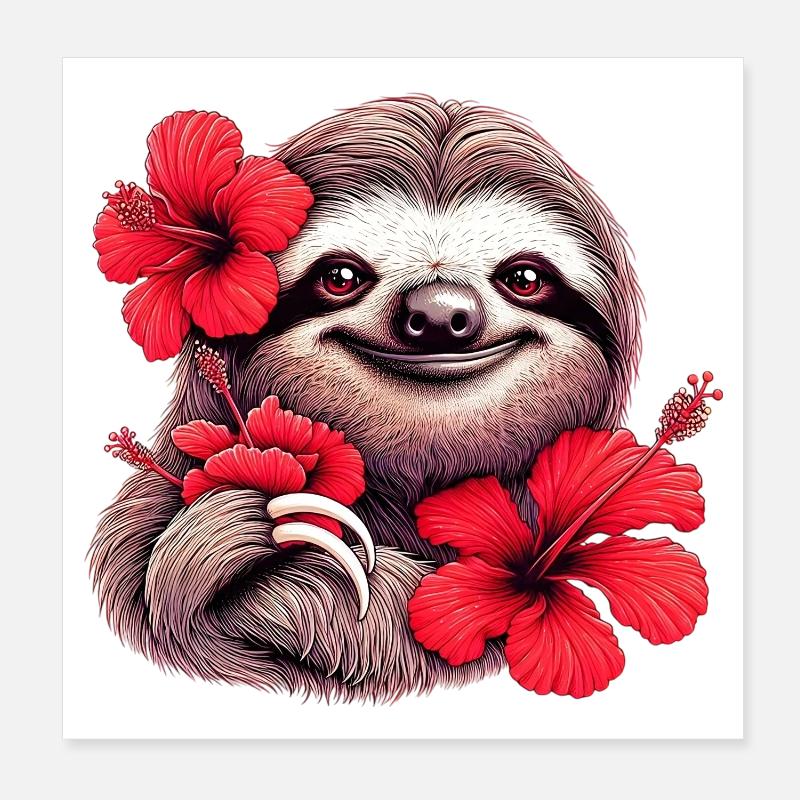 Sloth with hibiscus flowers Poster 8" x 8" (20x20 cm)