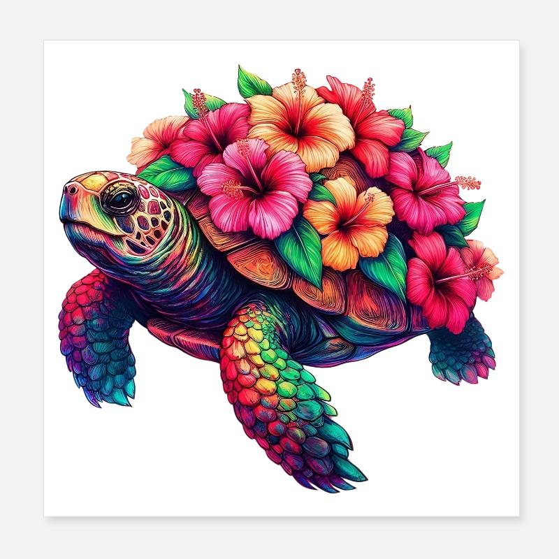 Tortue aux fleurs d’hibiscus Poster 20 x 20 cm