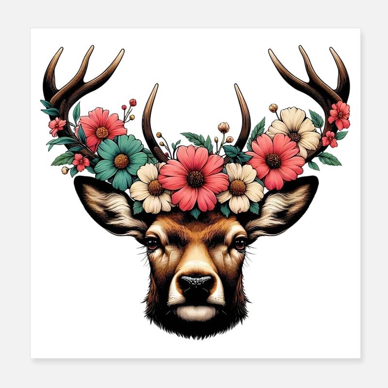 Hirsch mit Blumen Poster 20x20 cm