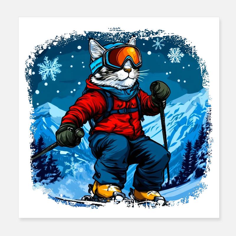 Cat Skis Poster 20 x 20 cm