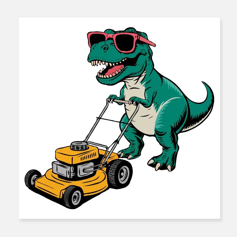 Dinosaur with Sunglasses Mowing Lawn Poster 8" x 8" (20x20 cm)