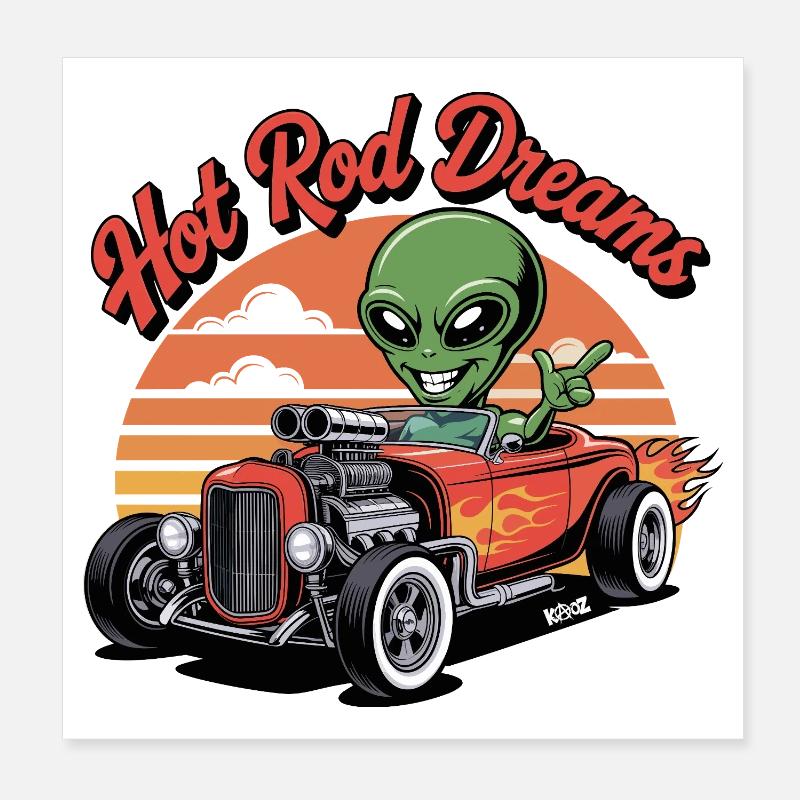 Hot Rod extraterrestre avec coucher de soleil Poster 20 x 20 cm