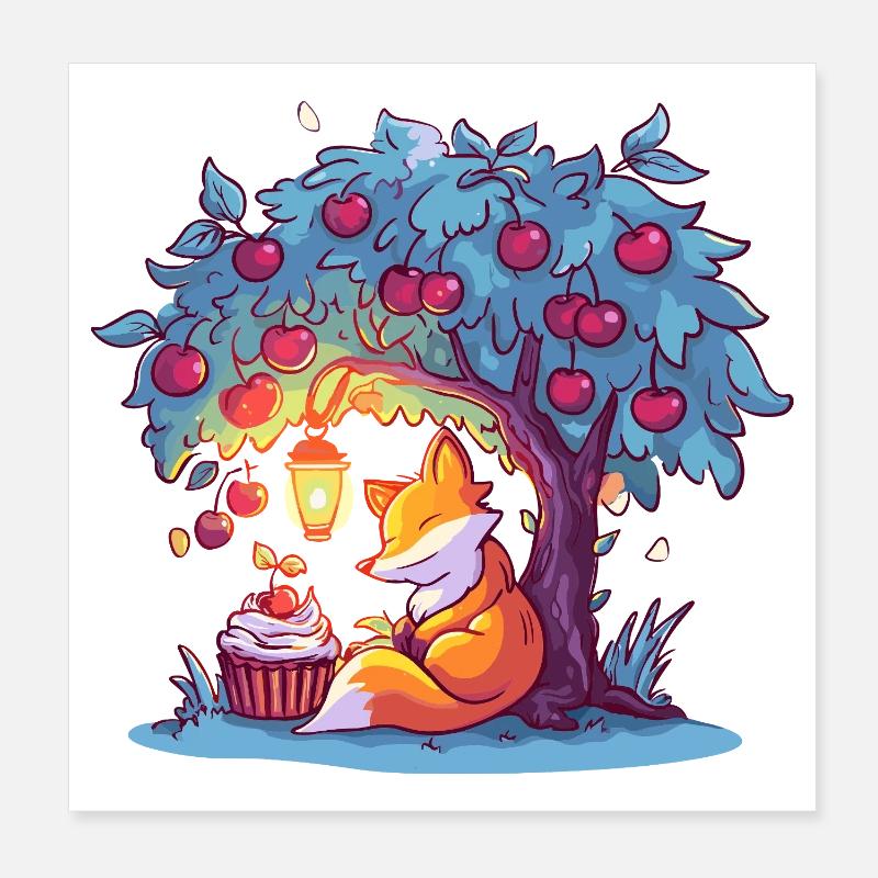 Kirschenbaum-Fuchs bei Laterne Poster 20x20 cm