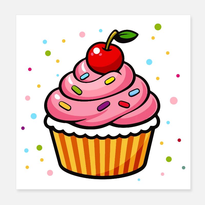 Bunter Cupcake mit Kirsche im Cartoon Stil Poster 20x20 cm