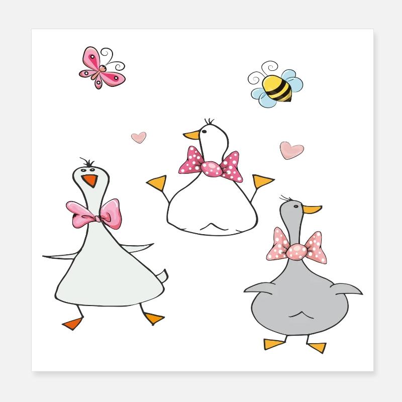 funny geese with butterfly and bee Poster 8" x 8" (20x20 cm)