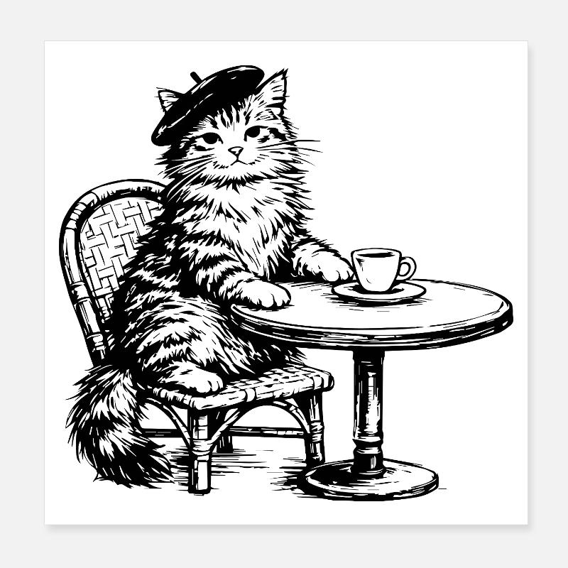 Chat avec béret dans un café au design rétro Poster 20 x 20 cm