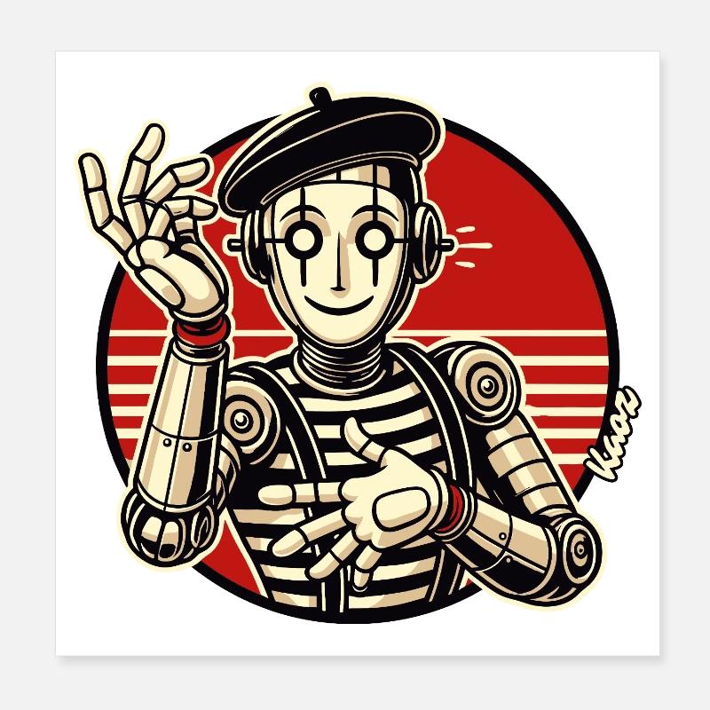 Retro Roboter Pantomime mit Barett im Comic Stil Poster 20x20 cm