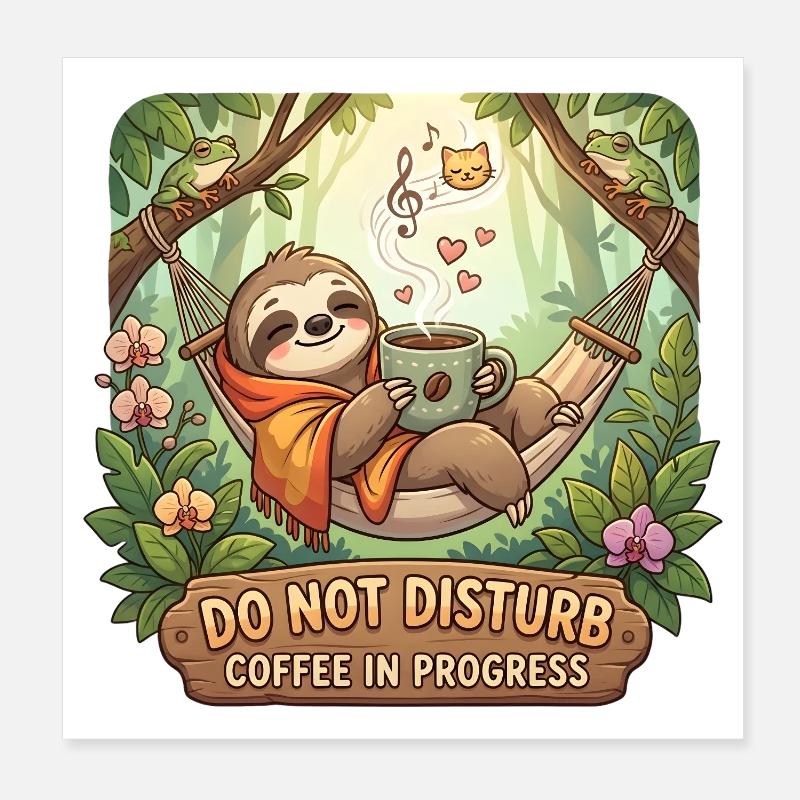 Cozy Sloth with Coffee and Do Not Disturb design Poster 8" x 8" (20x20 cm)