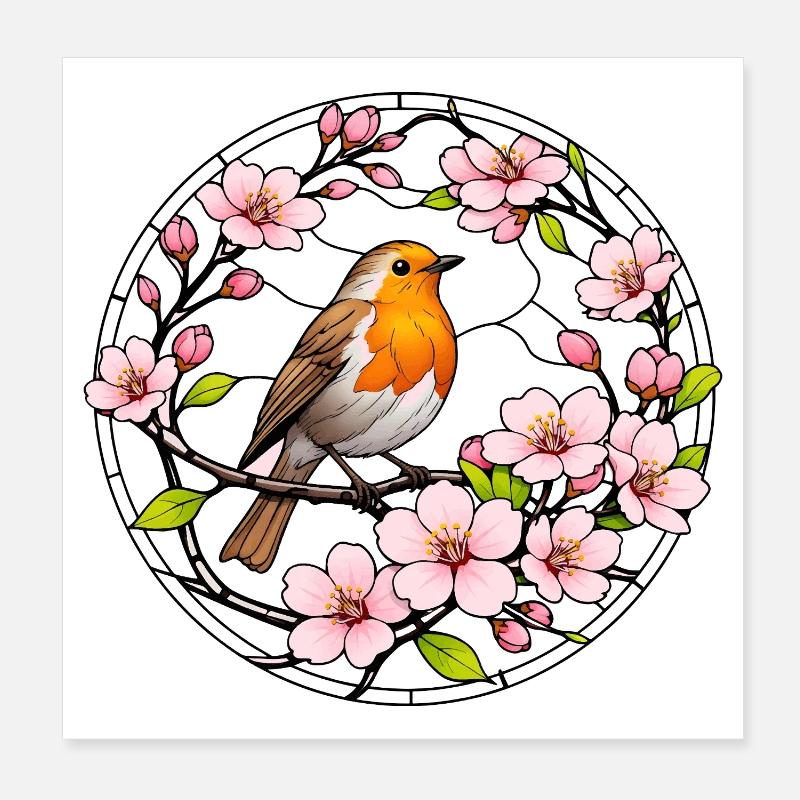 Robin with cherry blossoms stained glass window style Poster 8" x 8" (20x20 cm)