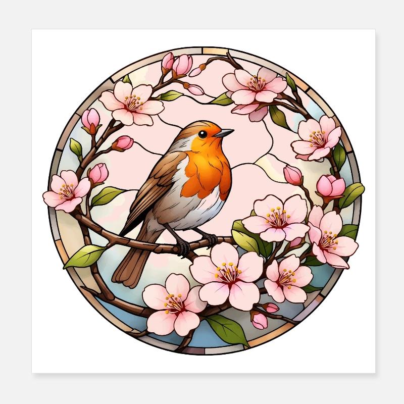 Robin with cherry blossoms spring motif Poster 8" x 8" (20x20 cm)