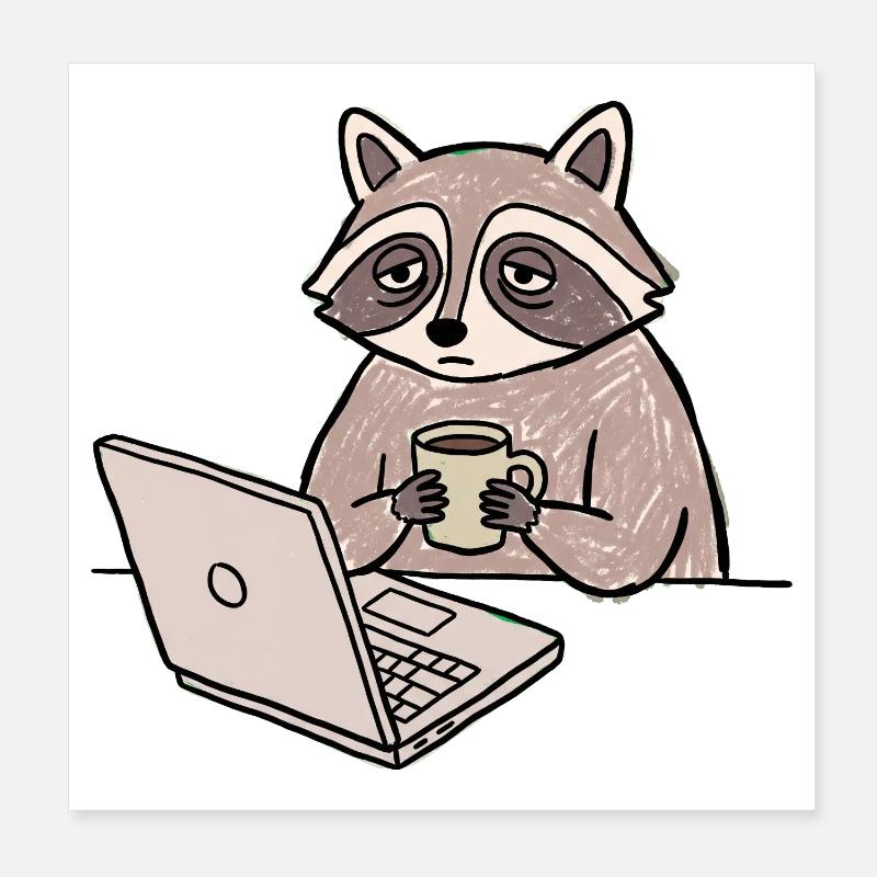 Müder Waschbär Kaffee & Laptop Poster 20x20 cm