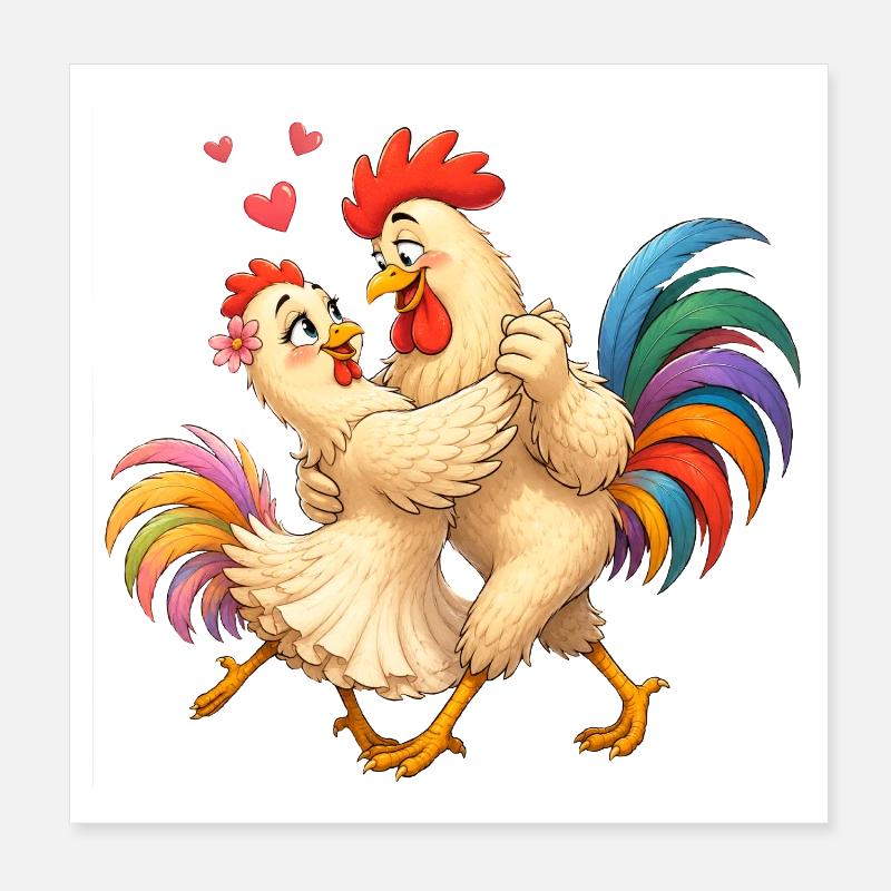 Hahn tanzt mit Huhn Poster 20x20 cm