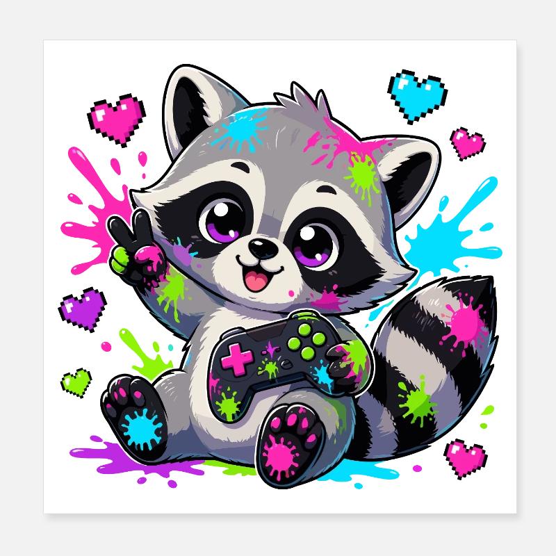 Bunter Raccoon mit Controller Poster 20x20 cm