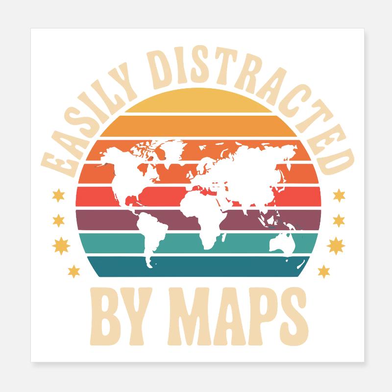 Easily Distracted By Maps Retro World Map Vintage Poster 8" x 8" (20x20 cm)
