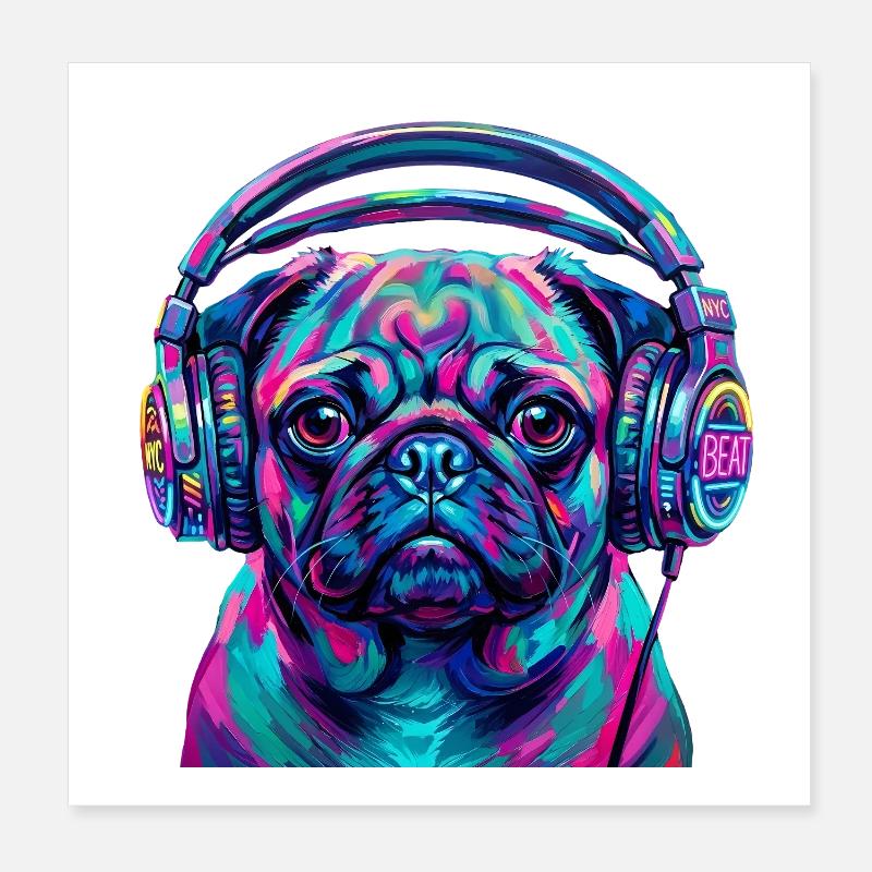 Pop Art Mops mit Kopfhörer Neon DJ Hund Poster 20x20 cm
