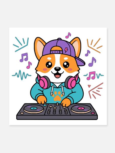 Süßer Corgi-DJ mit Kopfhörern Lustiger Musikliebhaber - Poster 20x20 cm - Weiß - Vorne