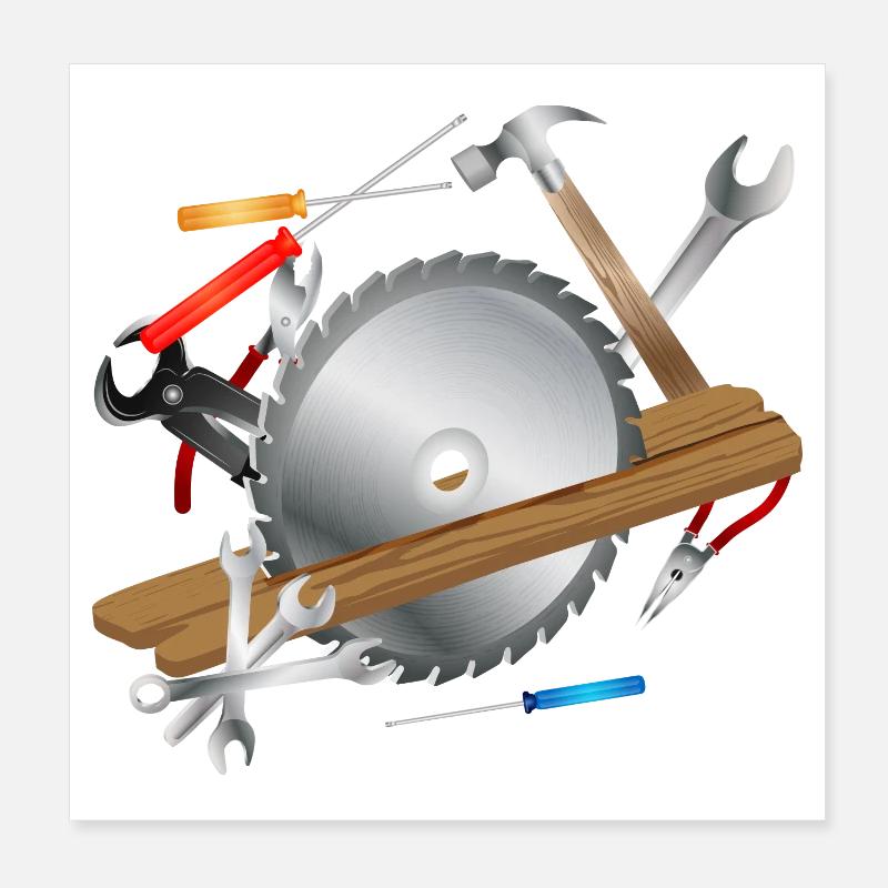 Circular saw blade with wooden board and tools Poster 8" x 8" (20x20 cm)