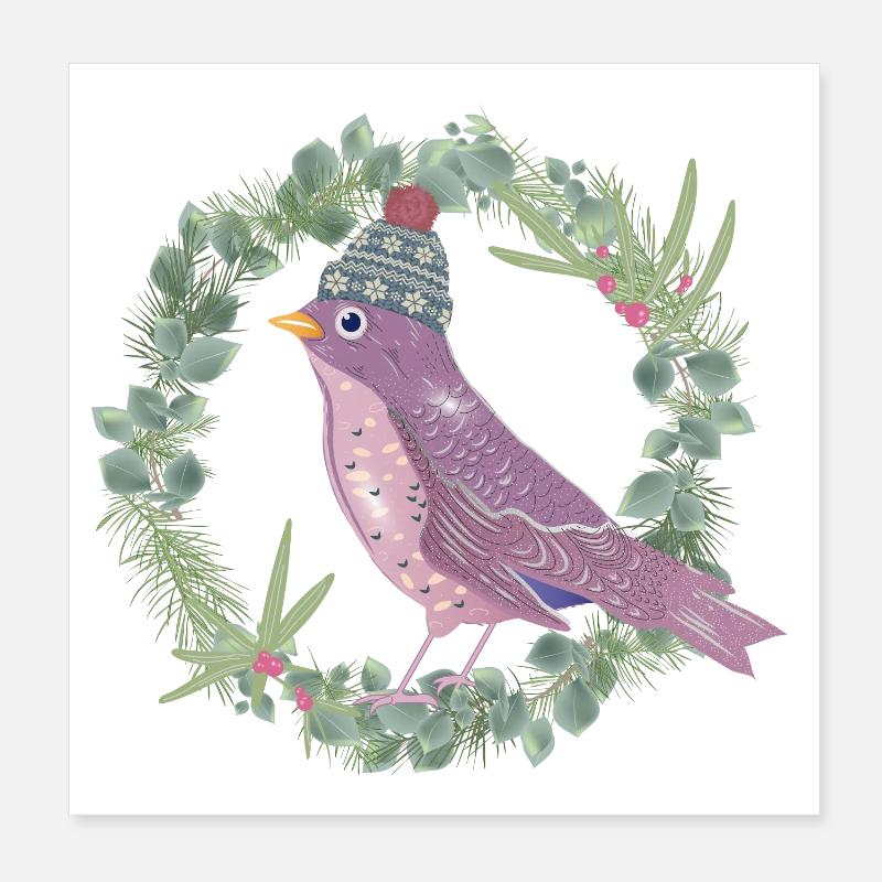 Vogel mit Misteln & Eukalyptus in Winter Stimmung - Poster 20x20 cm - Weiß
