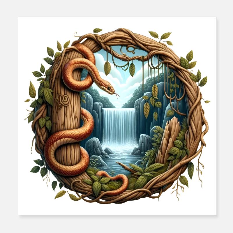 Schlange vor Wasserfall Poster 20x20 cm