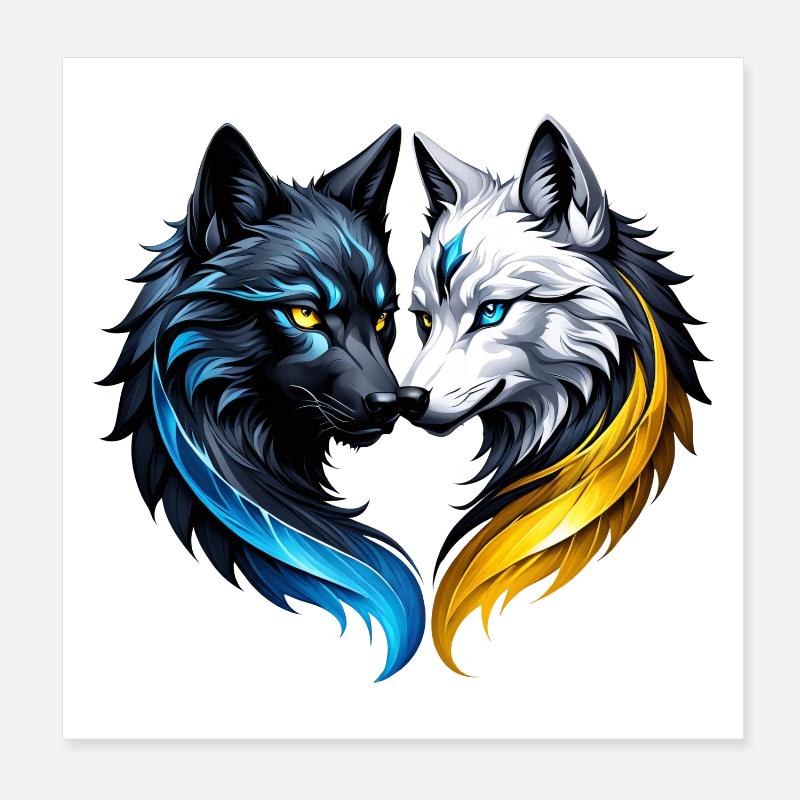 Majestic wolf heads. Poster 8" x 8" (20x20 cm)
