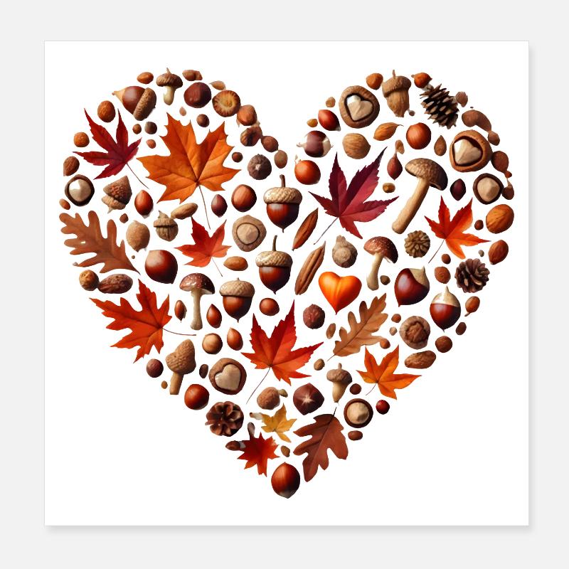 Cœur, rempli de citrouilles, de feuilles, de noix et de champignons Poster 20 x 20 cm