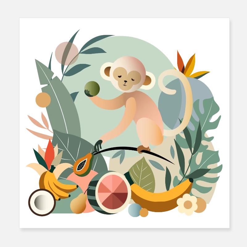 Verspielter Affe mit tropischen Früchten Poster 20x20 cm