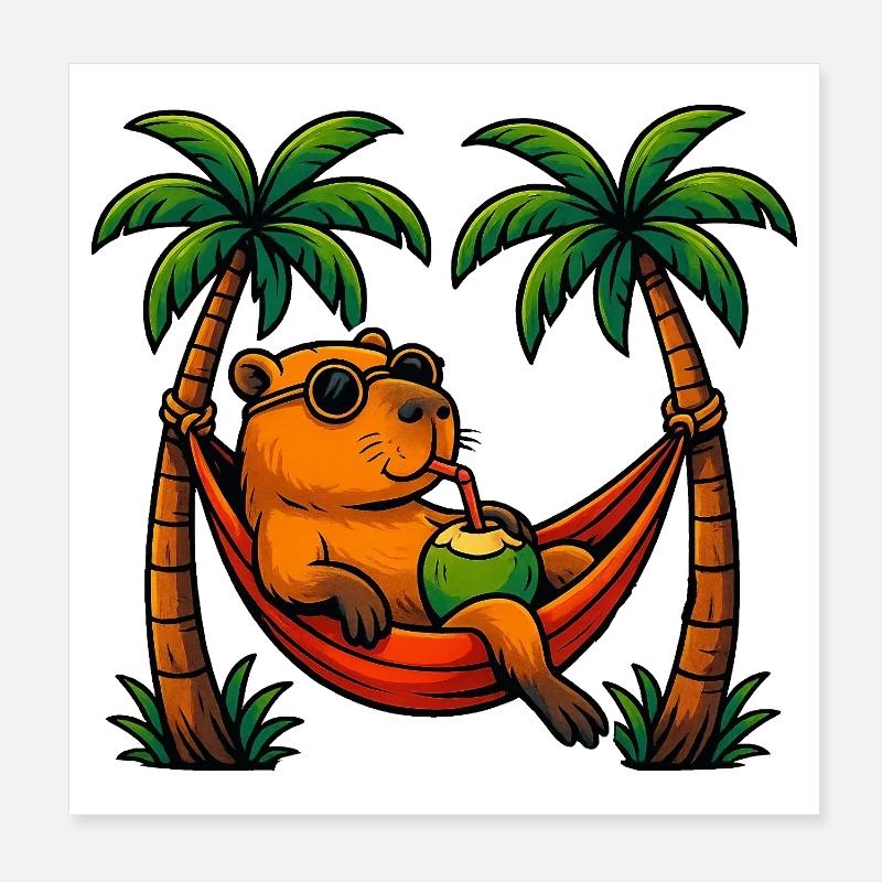 Tropical capybara Relaxing in Coconut Hammock Poster 8" x 8" (20x20 cm)
