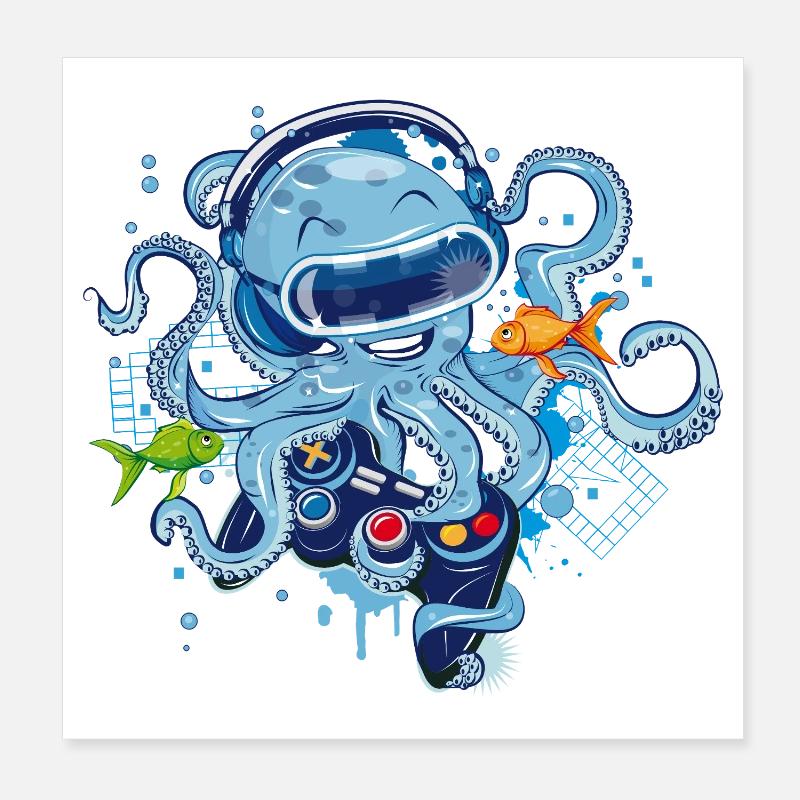 Gaming Octopus with Controller Poster 8" x 8" (20x20 cm)