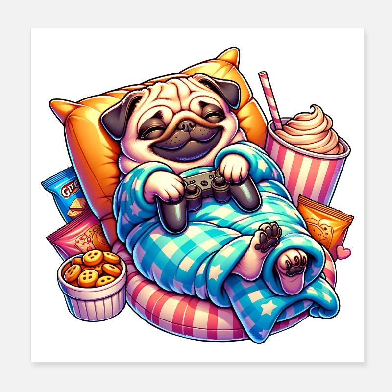 Entspannter Gaming Mops mit Snacks Poster 20x20 cm
