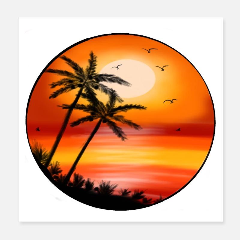 Sunset palm trees on the beach Poster 8" x 8" (20x20 cm)