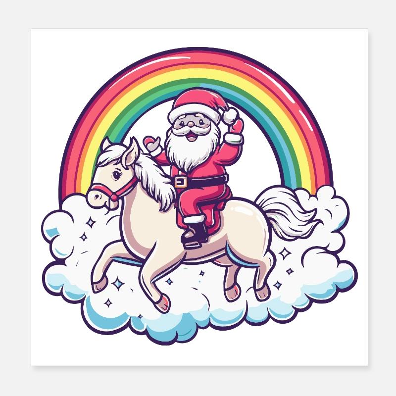 Cheval Père Noël Noël - Poster 20 x 20 cm - blanc