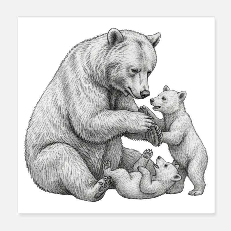 Bear and her cubs - Poster 8" x 8" (20x20 cm) - white