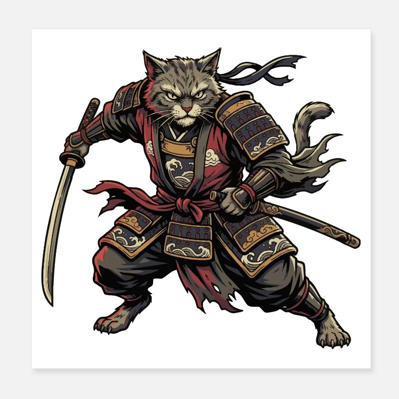Chat Samouraï Guerrier Poster 20 x 20 cm