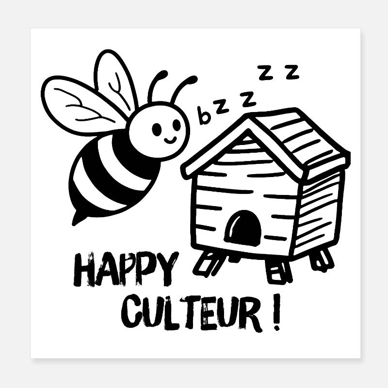 Beekeeper, Happy Grower Bee with a Beehive Poster 8" x 8" (20x20 cm)