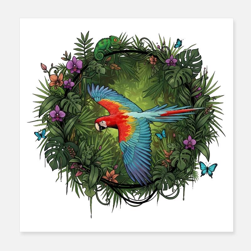 Perroquet coloré dans le cercle de la jungle Poster 20 x 20 cm