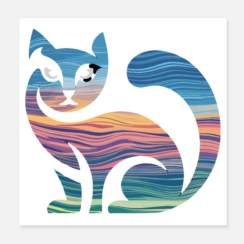 Silhouette colorée de chat avec coucher de soleil et Poster 20 x 20 cm