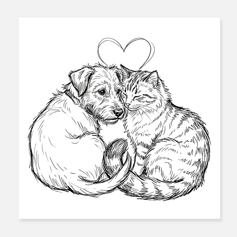Amis mignons (Chat + Chien) Poster 20 x 20 cm