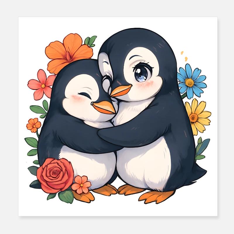 Cuddly penguins in the flower circle Poster 8" x 8" (20x20 cm)