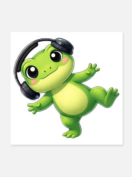 Süßer Frosch Kröte Unke mit Kopfhörern Tanzen Tech - Poster 20x20 cm - Weiß - Vorne