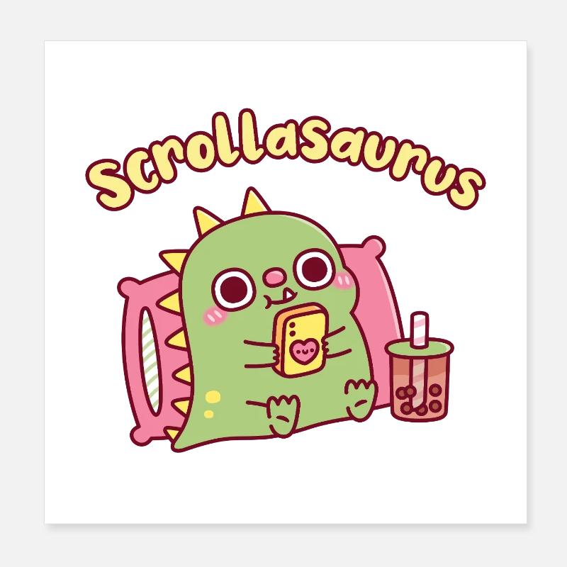 Cute Scrollasaurus Dinosaur Scrolling On Handphone Poster 8" x 8" (20x20 cm)